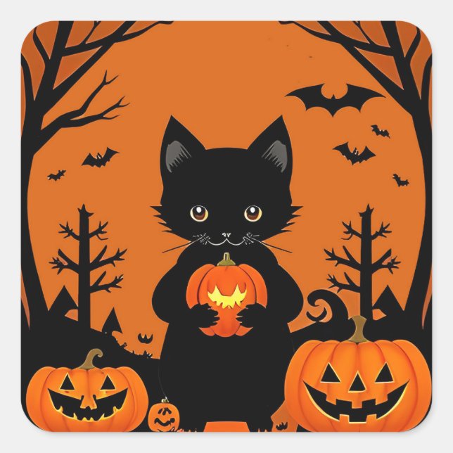 Black Cat Pumpkin Sticker For Halloween Decor (Front)