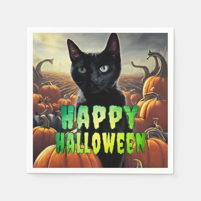 Black Cat & Pumpkins Napkin (Front)