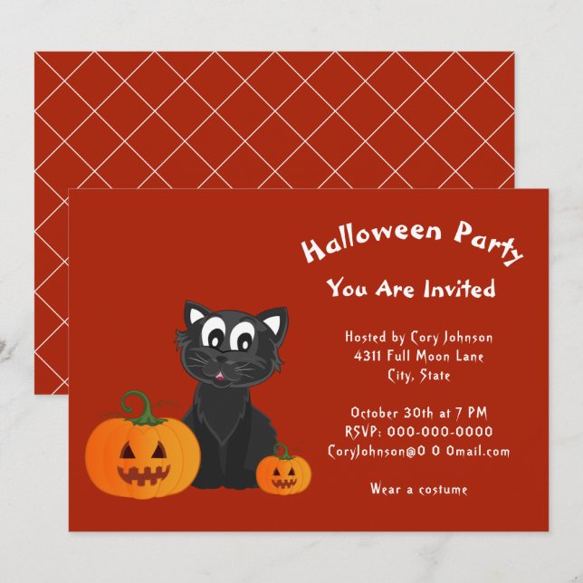 Black Cat Pumpkins Red Orange Halloween Party Invitation (Front/Back)
