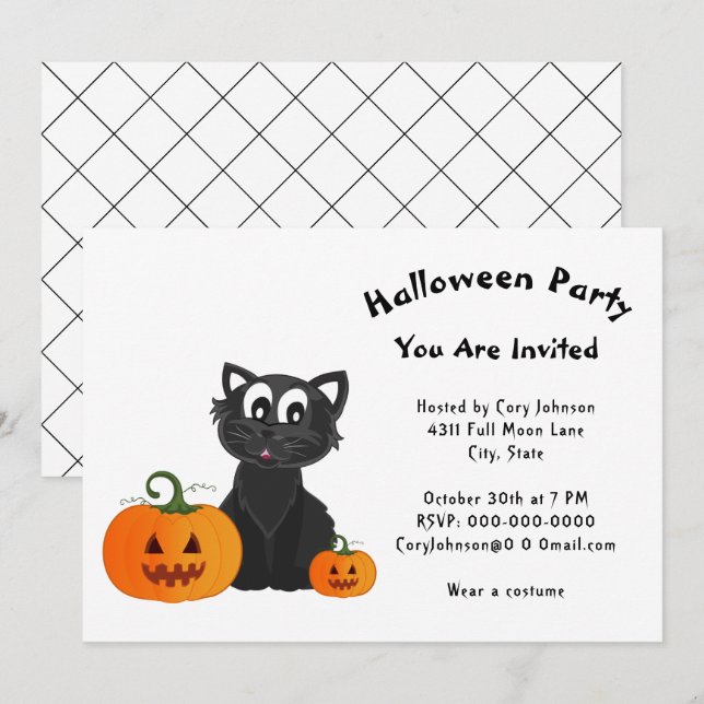 Black Cat Pumpkins White Pattern Halloween Party Invitation (Front/Back)