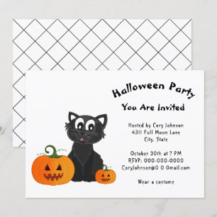 Black Cat Pumpkins White Pattern Halloween Party Invitation