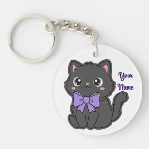 Black Cat Purple Bow Cute Kawaii Custom Keychain