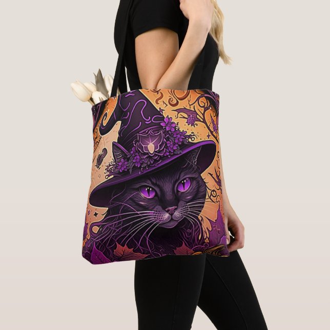 Black Cat Purple Eyes Witches Hat Halloween Tote Bag (Close Up)
