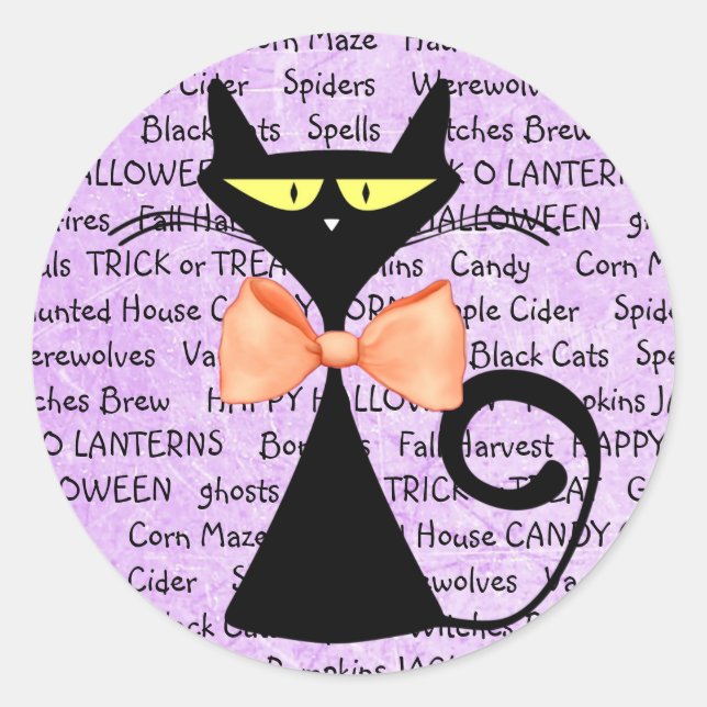 Black Cat Purple Halloween Stickers (Front)
