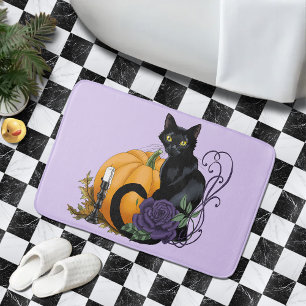  Black Cat Purple Rose Pumpkin Autumn Bath Mat