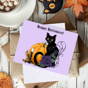 Black Cat Purple Rose Pumpkin Autumn Card