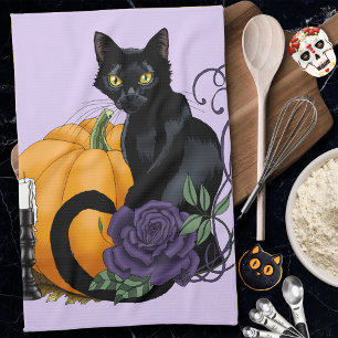Black Cat Purple Rose Pumpkin Autumn Kitchen Towel