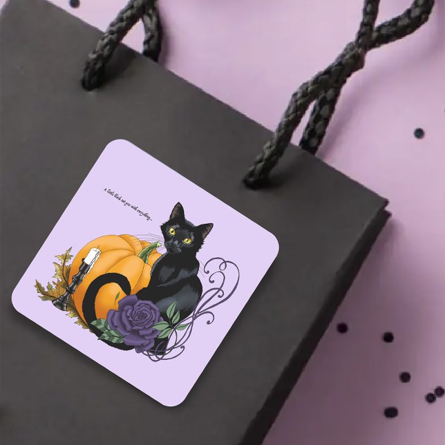 Black Cat Purple Rose Pumpkin Autumn Square Sticker (Creator Uploaded)