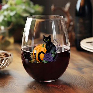 Black Cat Purple Rose Pumpkin Autumn Stemless Wine Glass
