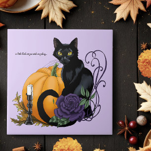 Black Cat Purple Rose Pumpkin Autumn Tile