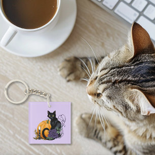 Black Cat Purple Rose Pumpkin Halloween Keychain