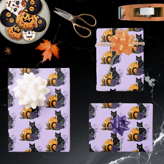 Black Cat Purple Rose Pumpkin Halloween Wrapping Paper Sheet (Creator Uploaded)