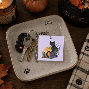 Black Cat Purple Rose Pumpkin Pumpkin Keychain