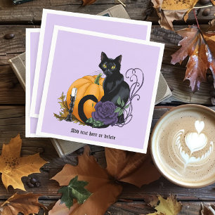 Black Cat Purple Roses Pumpkin Autumn Napkin