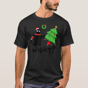 Black Cat Pushing Christmas Tree Over Cat What 3 T-Shirt