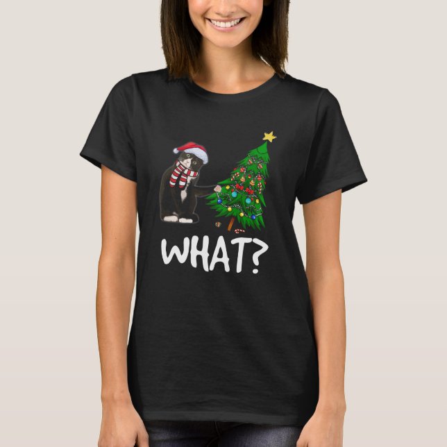 Black Cat Pushing Christmas Tree Over Cat What T-Shirt (Front)