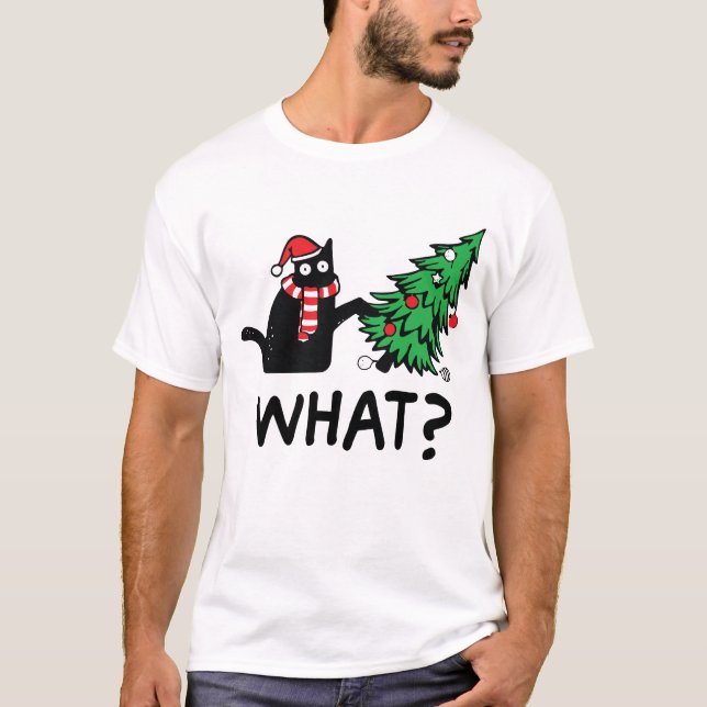 Black Cat Pushing Christmas Tree Over Cat What T-Shirt (Front)