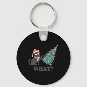 Black Cat Pushing Christmas Tree What Xmas Lights  Keychain