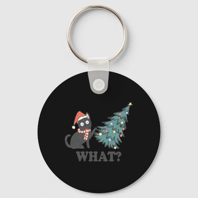 Black Cat Pushing Christmas Tree What Xmas Lights  Keychain (Front)