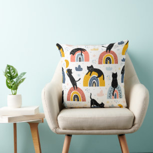 Black Cat Rainbows - Fantasy Whimsical Pattern Throw Pillow