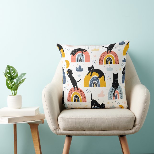 Black Cat Rainbows - Fantasy Whimsical Pattern Throw Pillow (Chair)