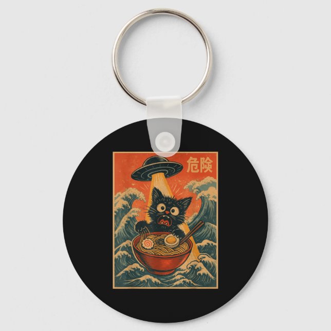 Black Cat Ramen Alien Ufo Funny Japanese Kawaii An Keychain (Front)
