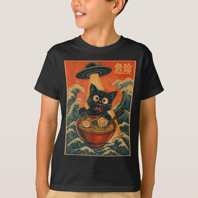 Black Cat Ramen Alien Ufo Funny Japanese Kawaii An T-Shirt (Front)