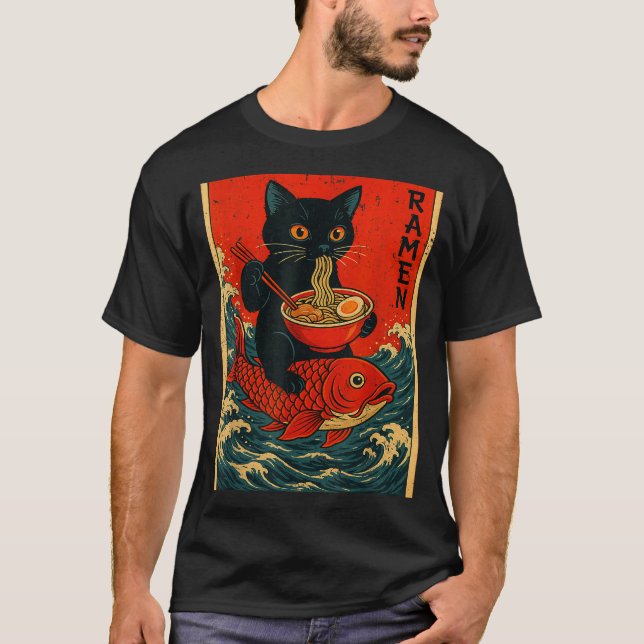 Black Cat Ramen Japanese Graphic Tees For Men Wome (Front)