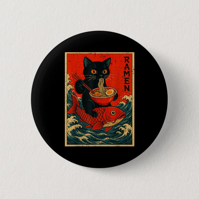 Black Cat Ramen Japanese Graphic Tees For Men Wome 2 Inch Round Button (Front)