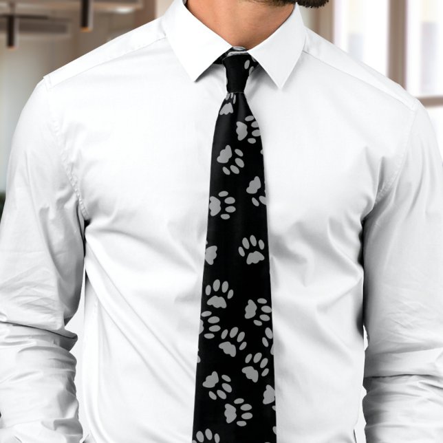 Black Cat Random Paw Prints Pattern Cat Dad Tie (Creator Uploaded)
