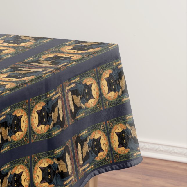 Black Cat Reading A Book Of Solstice Spells Tablecloth (In Situ)