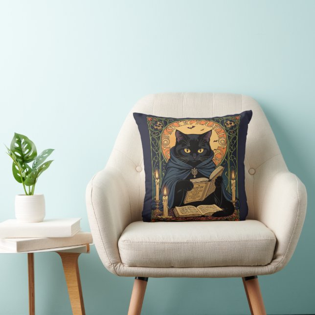 Black Cat Reading A Book Of Solstice Spells Throw Pillow (Chair)