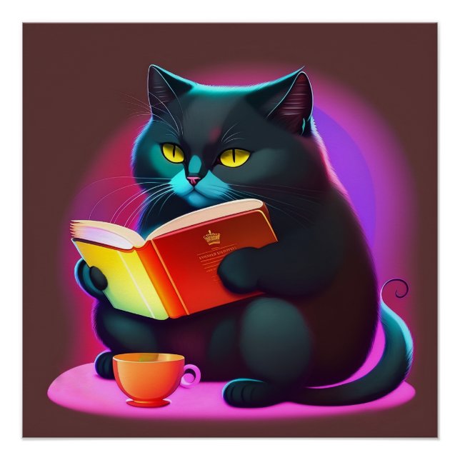 Black Cat Reading A Book Poster (Front)