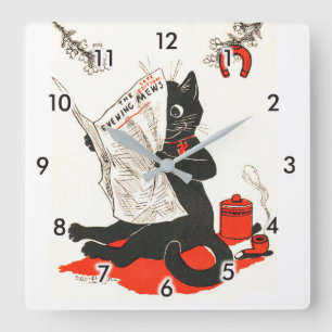Black Cat Reading a Newspaper, Louis Wain Square Wall Clock