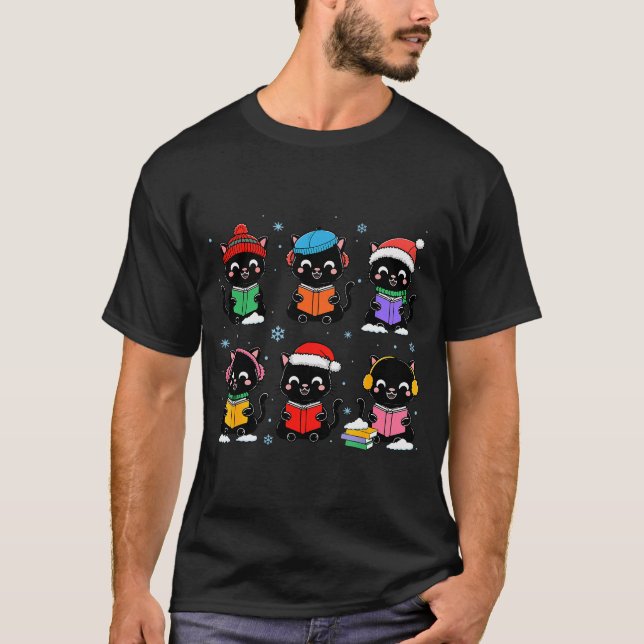 Black Cat Reading Book Christmas For Bookworm Cat  T-Shirt (Front)