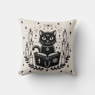 Black Cat Reading Book Spooky Throw Pillow