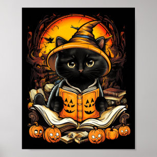 Black Cat Reading Books Pumpkin Autumn Teachers Poster