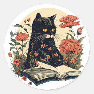 Black cat reading cottage store style  classic round sticker