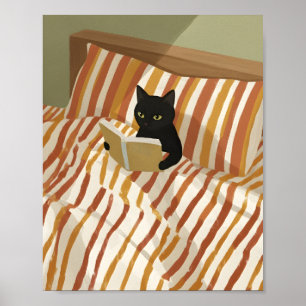Black Cat Reading in Bed   Peaceful Bedroom   Cat  Poster