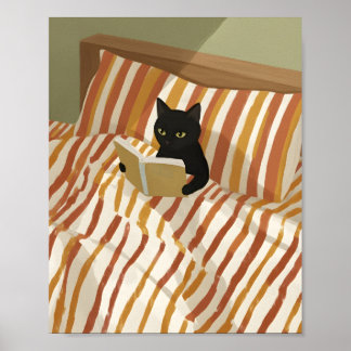 Black Cat Reading in Bed | Peaceful Bedroom | Cat Poster