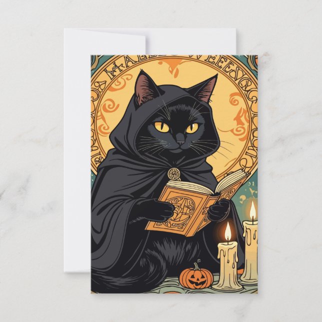 Black Cat Reading The Jack o lantern Journal Invitation (Front)