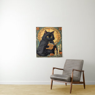 Black Cat Reading The Jack o'lantern Journal Tapestry