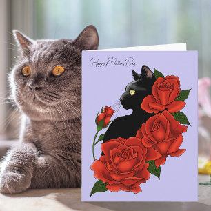 Black Cat Red Roses Lavender Bold Mother's Day Card