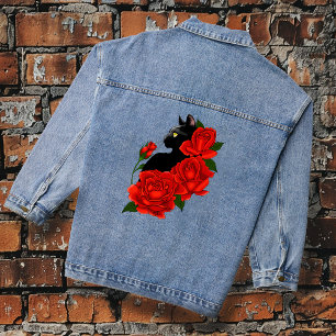 Black Cat Red Roses Purple Denim Jacket