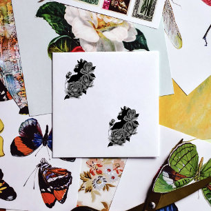 Black Cat Red Roses Purple Rubber Stamp