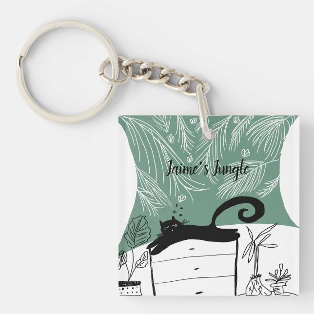 Black Cat Relaxing Plant Jungle Keychain (Front)