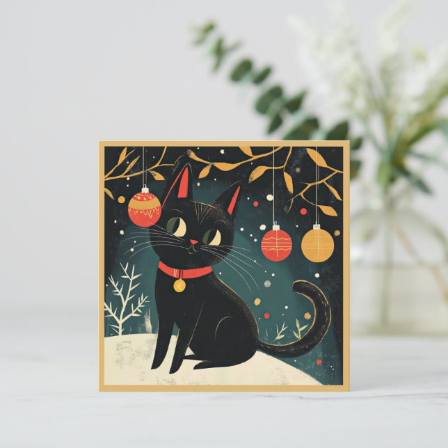 Black Cat Retro Fun Flat Holiday Card (Standing Front)