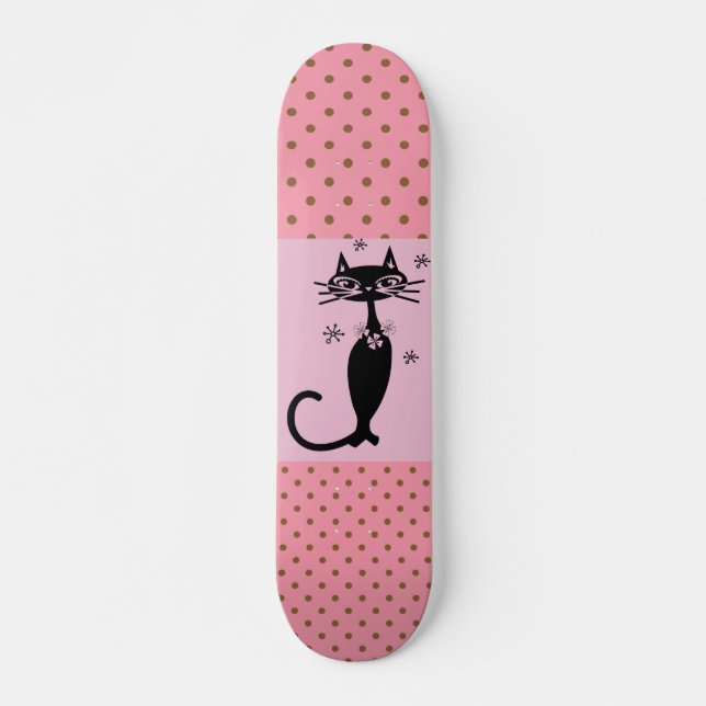 BLACK CAT RETRO GIRLS PINK SKATEBOARD DECK (Front)