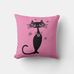 BLACK CAT RETRO THROW PINK PILLOW
