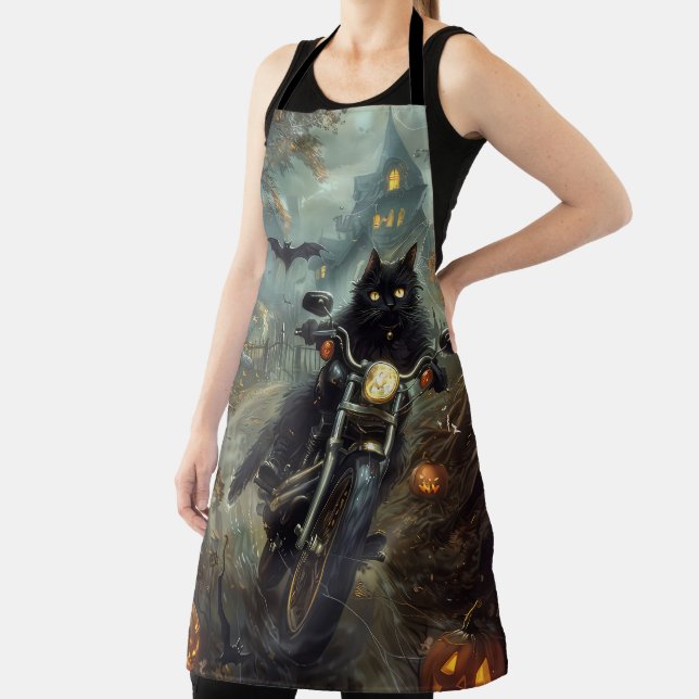 Black Cat Riding Motorcycle Halloween Scary Apron (Insitu)